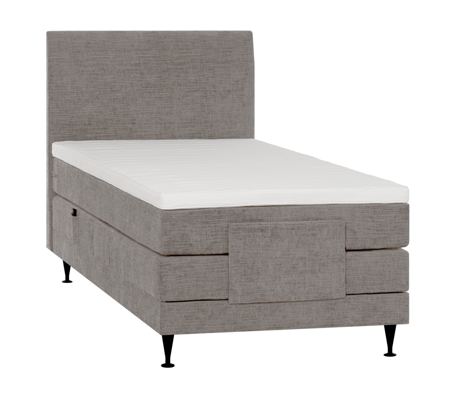 Lichtgrijs gestoffeerd boxspringbed met hoog hoofdbord, witte topper en zwarte poten, schuin van voren gezien