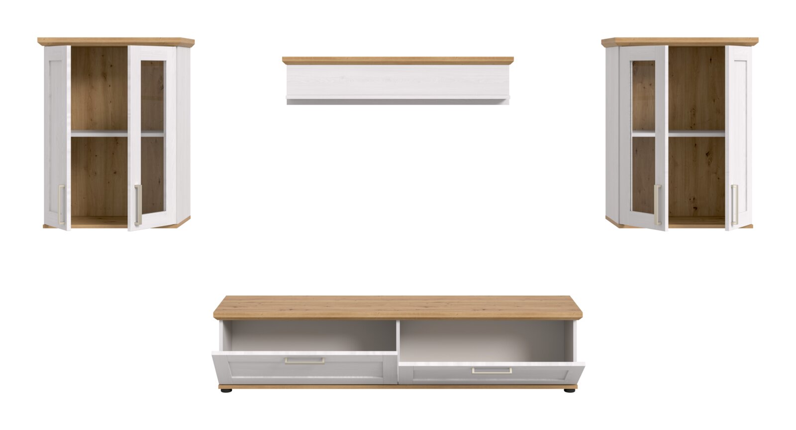 Wohnkombination bestehend aus zwei weißen Vitrinenschränken mit Holzelementen, einem Wandregal und einem TV-Lowboard, frontal abgebildet.