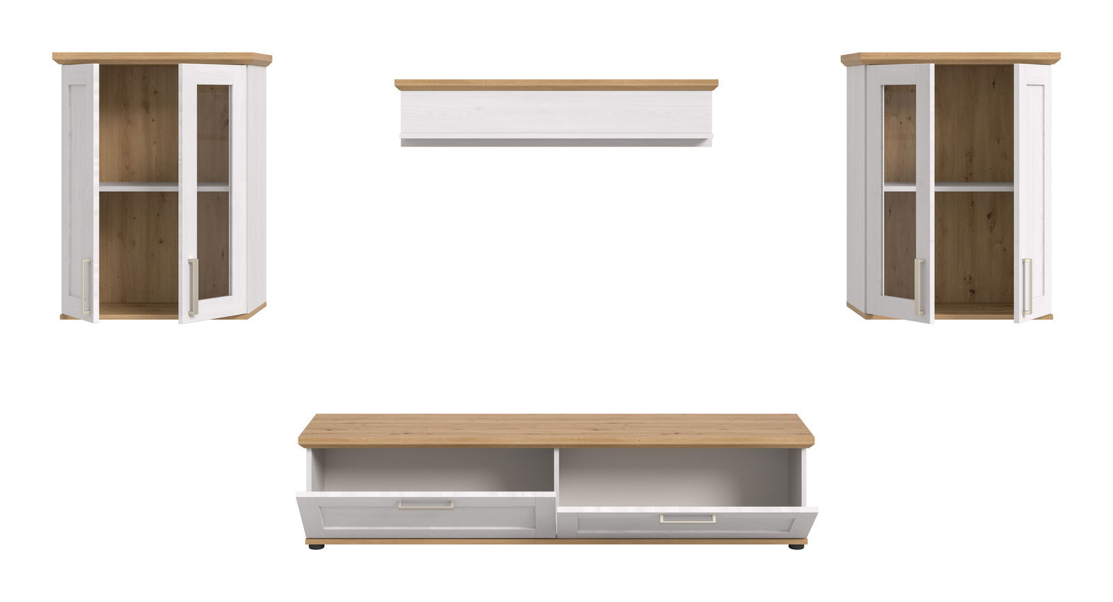 Wohnkombination bestehend aus zwei weißen Vitrinenschränken mit Holzelementen, einem Wandregal und einem TV-Lowboard, frontal abgebildet.