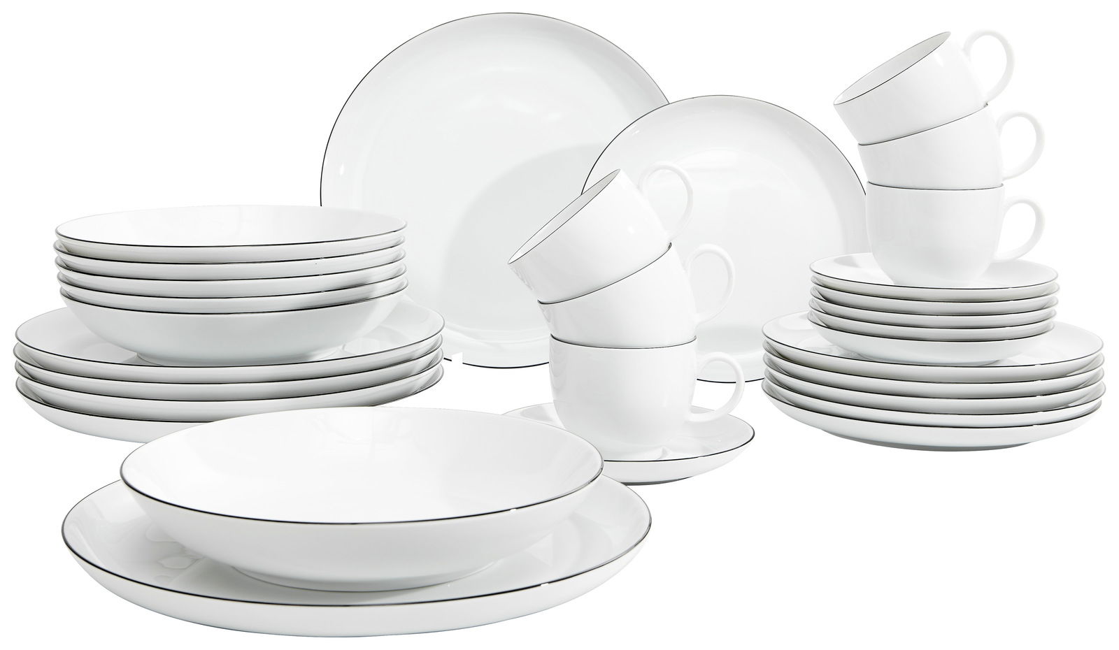Seltmann Weiden Kombiservice 30-tlg. LIDO Kombiservice Lido Black 30-teilig, bestehend aus Tellern, Schalen und Tassen, in einer eleganten weißen Optik mit schwarzem Rand, aus der Vorderansicht fotografiert.