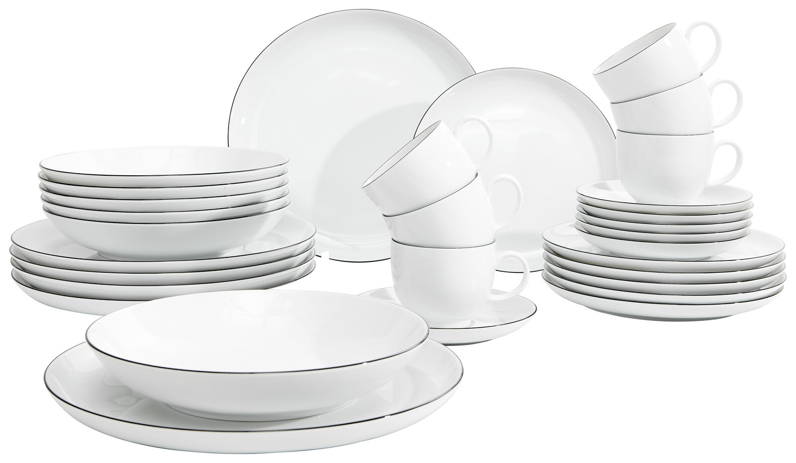 Kombiservice Lido Black 30-teilig, bestehend aus Tellern, Schalen und Tassen, in einer eleganten weißen Optik mit schwarzem Rand, aus der Vorderansicht fotografiert.