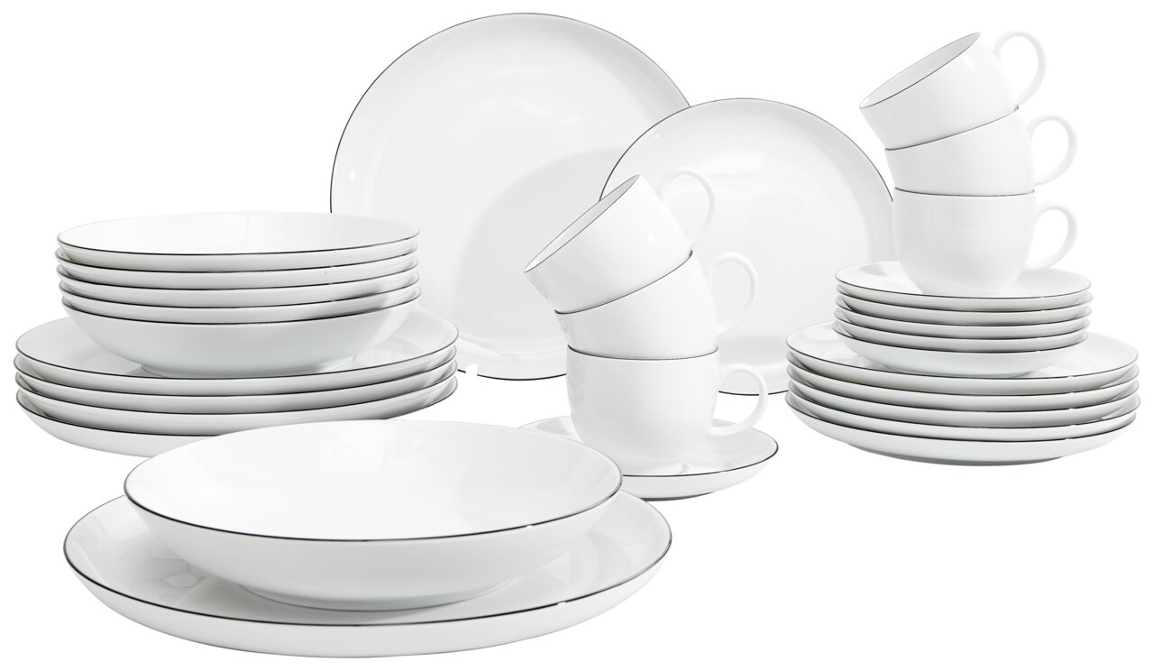 Seltmann Weiden Kombiservice 30-tlg. LIDO Kombiservice Lido Black 30-teilig, bestehend aus Tellern, Schalen und Tassen, in einer eleganten weißen Optik mit schwarzem Rand, aus der Vorderansicht fotografiert.