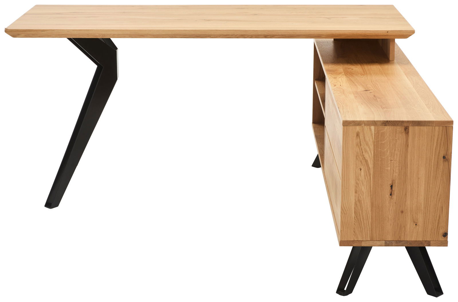 Eck-Schreibtisch aus Holz mit schwarzem Metallgestell, seitliche Perspektive