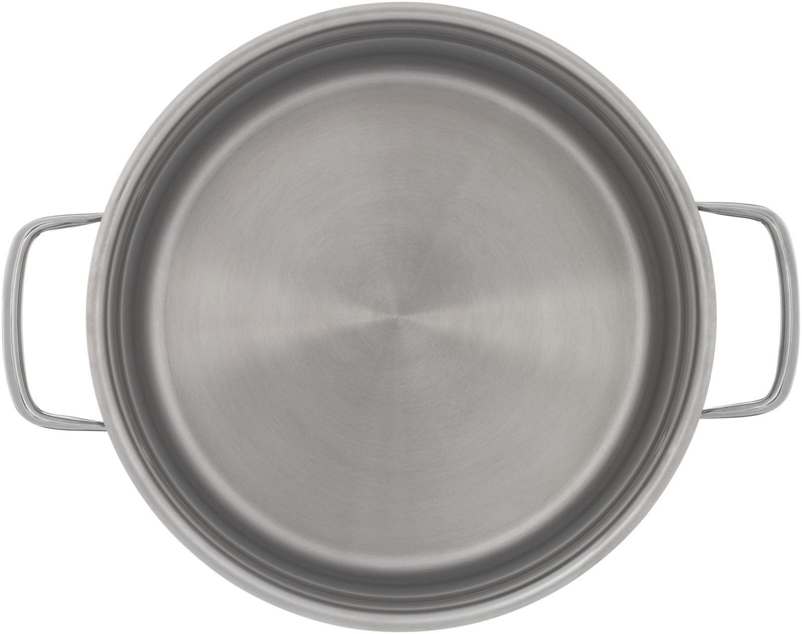 Topf aus Edelstahl, Draufsicht mit zwei seitlichen Griffen.
