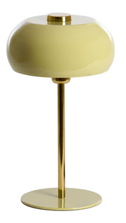 Elegante Tischleuchte mit rundem, gelbem Schirm und goldenem Standfuß, seitliche Perspektive.