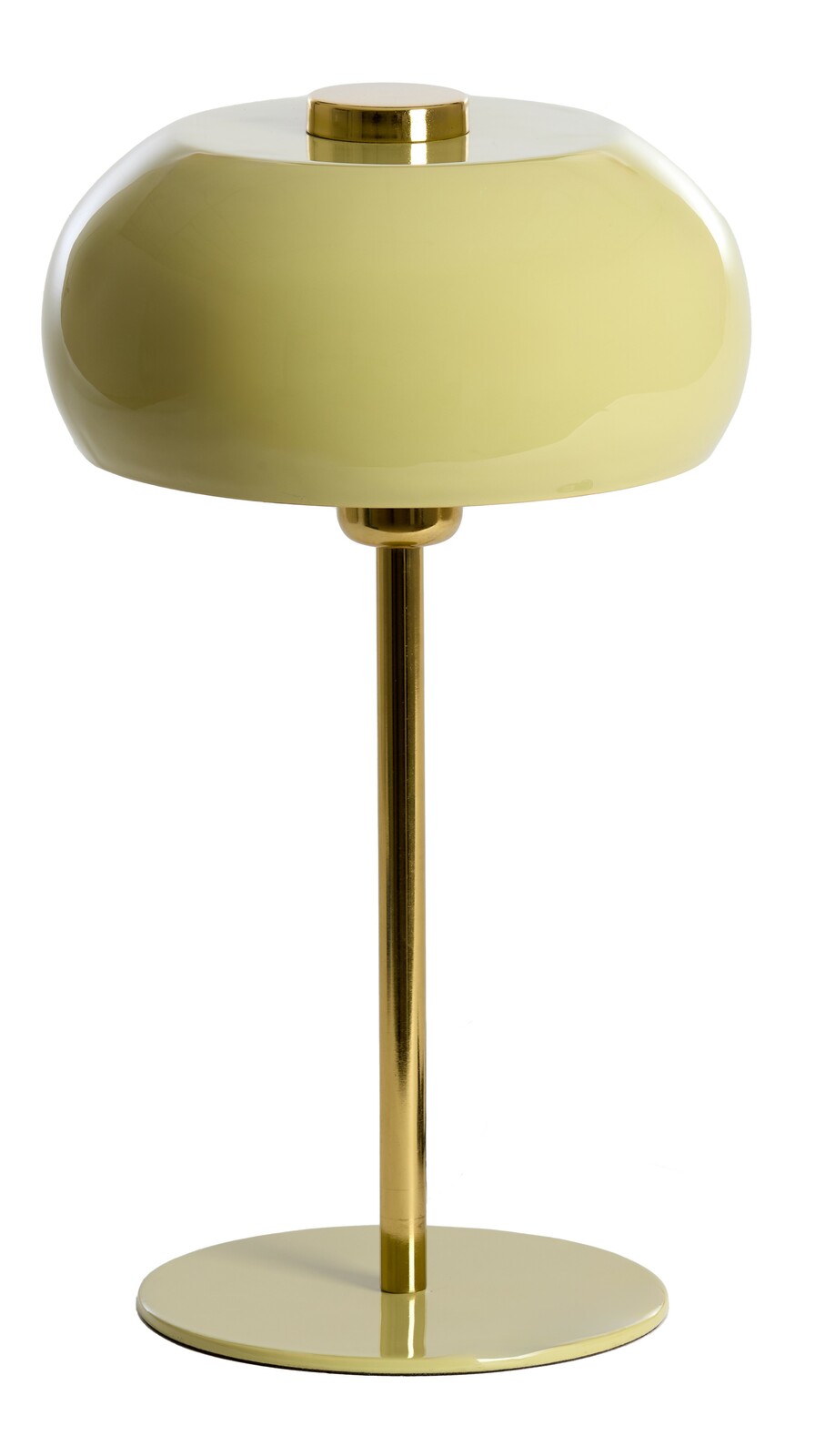 Elegante Tischleuchte mit rundem, gelbem Schirm und goldenem Standfuß, seitliche Perspektive.