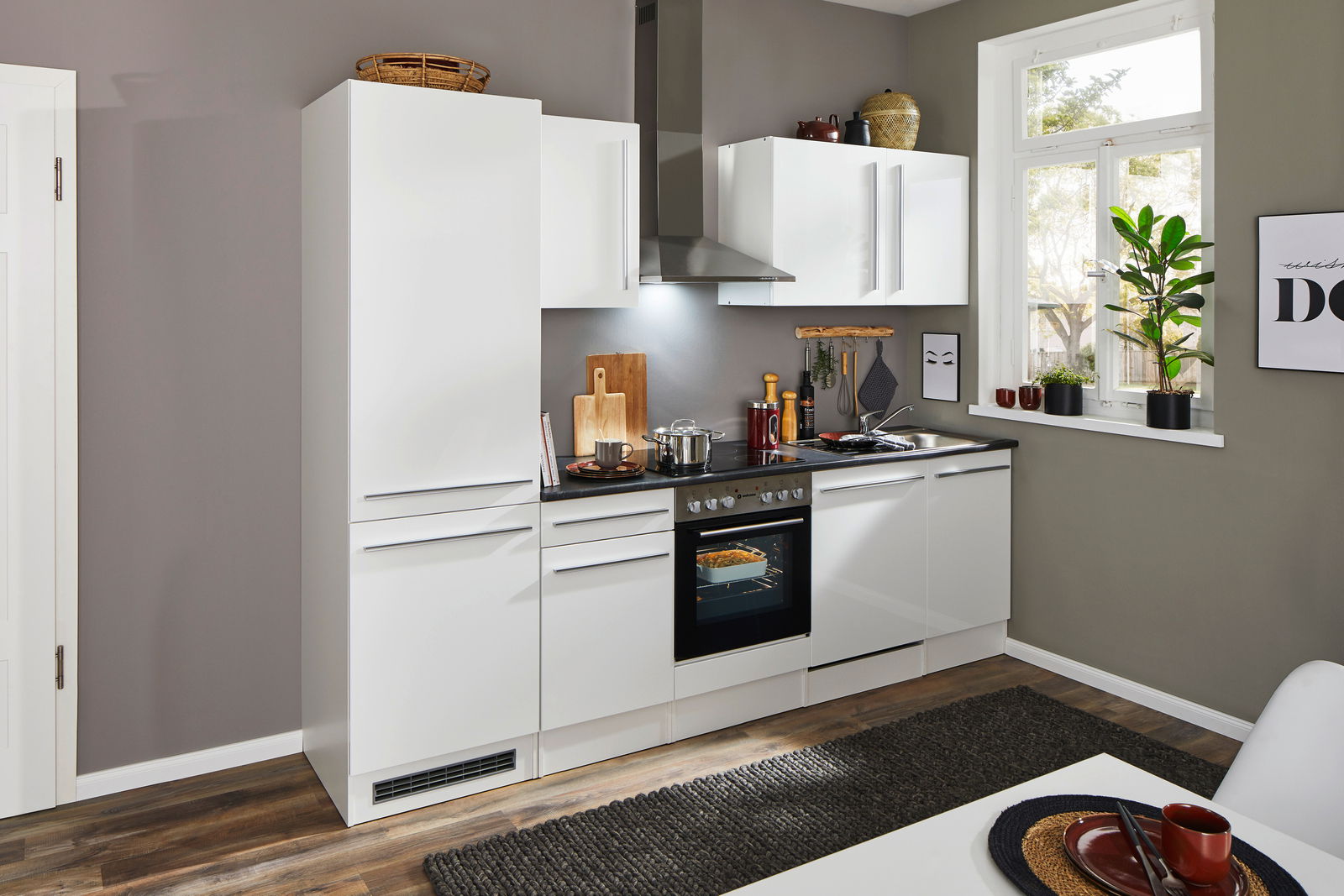 Yourkitchen Küchenblock 280 JAZZ Moderne weiße Küchenzeile mit Herd, Dunstabzugshaube und Spüle, seitliche Perspektive