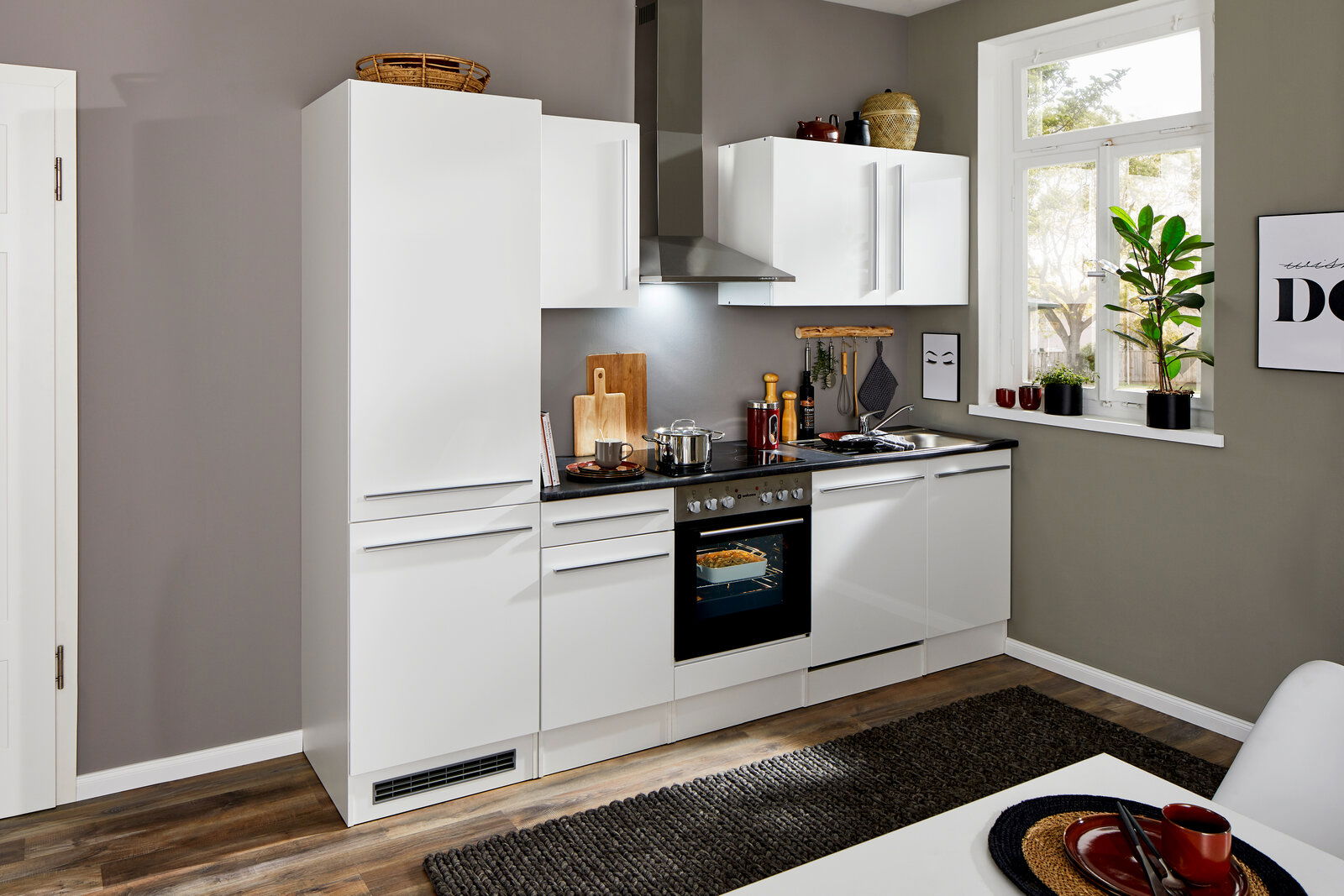 Yourkitchen Küchenblock 280 JAZZ Moderne weiße Küchenzeile mit Herd, Dunstabzugshaube und Spüle, seitliche Perspektive