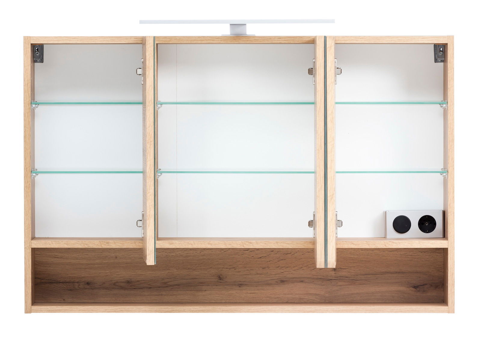 Frontalansicht eines modernen Spiegelschranks mit drei Türen, Glasböden und integrierter Beleuchtung.