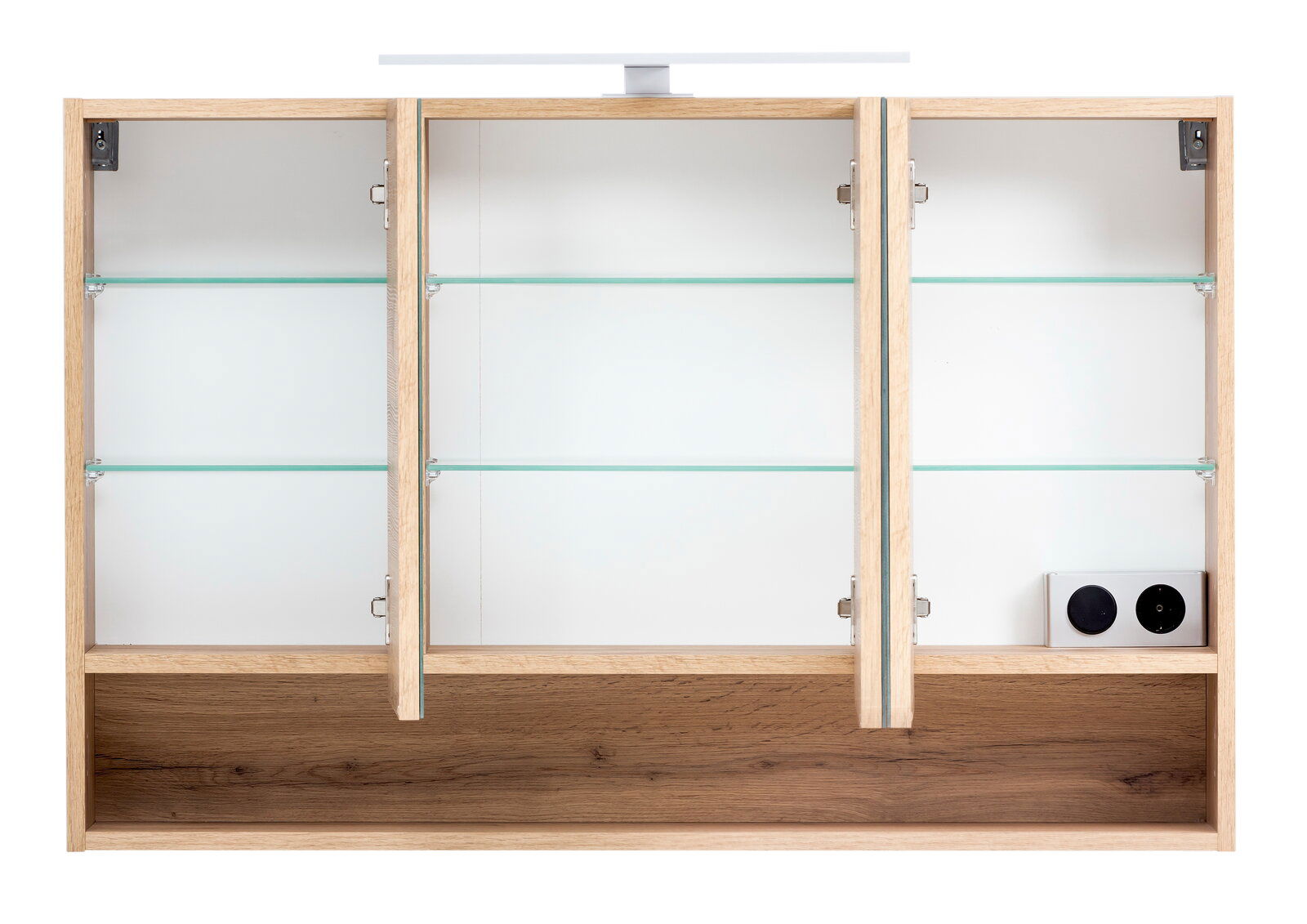 Frontalansicht eines modernen Spiegelschranks mit drei Türen, Glasböden und integrierter Beleuchtung.