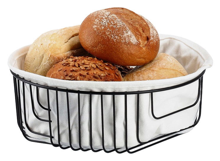 Brotkorb mit Beutel, gefüllt mit verschiedenen Brotsorten, aus seitlicher Perspektive