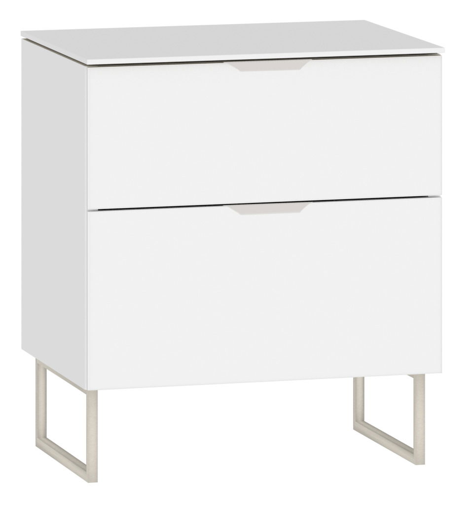 Weiße Nachtkommode mit zwei Schubladen und modernen Metallbeinen, seitliche Perspektive
