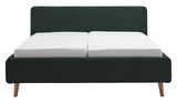 Frontale Ansicht eines modernen Polsterbetts mit dunkelgrünem Stoffbezug und Holzfüßen.