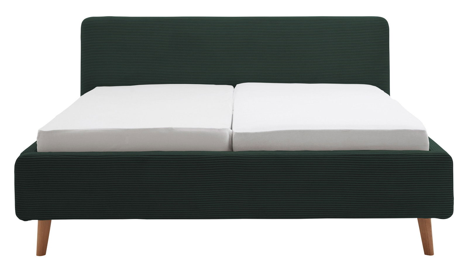 Frontale Ansicht eines modernen Polsterbetts mit dunkelgrünem Stoffbezug und Holzfüßen.