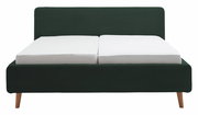Frontale Ansicht eines modernen Polsterbetts mit dunkelgrünem Stoffbezug und Holzfüßen.
