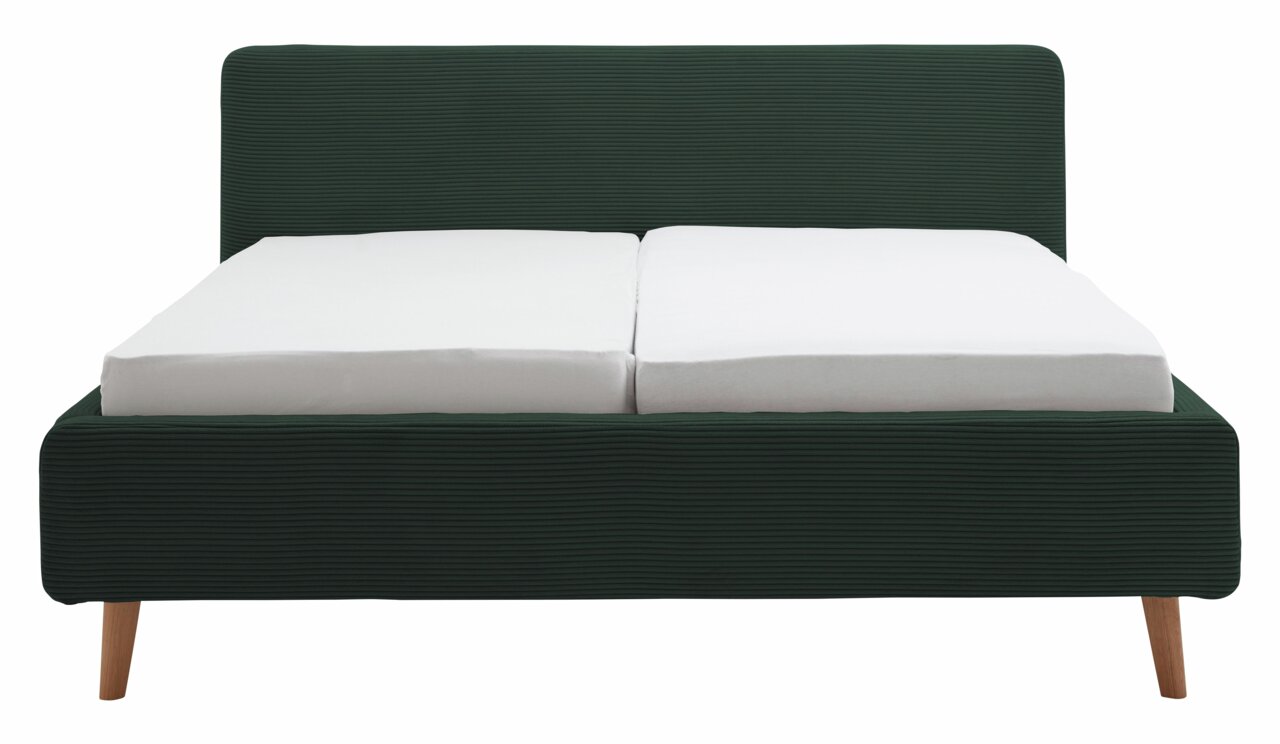 Frontale Ansicht eines modernen Polsterbetts mit dunkelgrünem Stoffbezug und Holzfüßen.