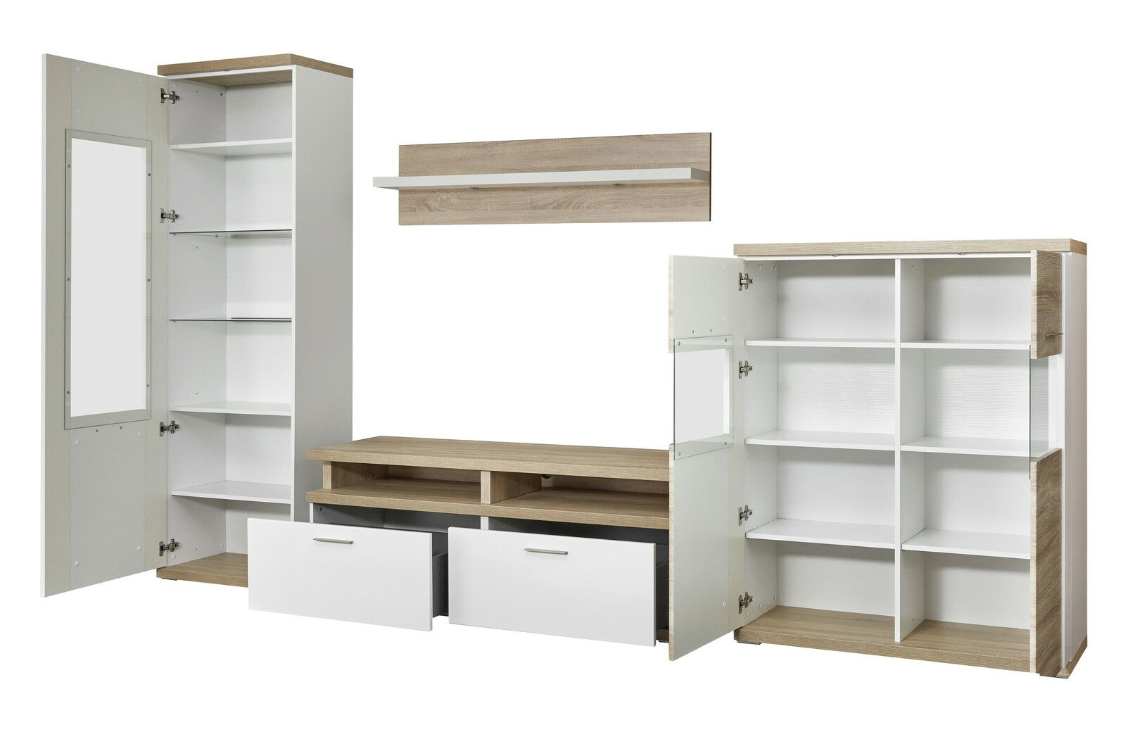 Moderne Wandkombination in Holzoptik mit offenen und geschlossenen Fächern, Schubladen und Regalböden, frontal abgebildet.