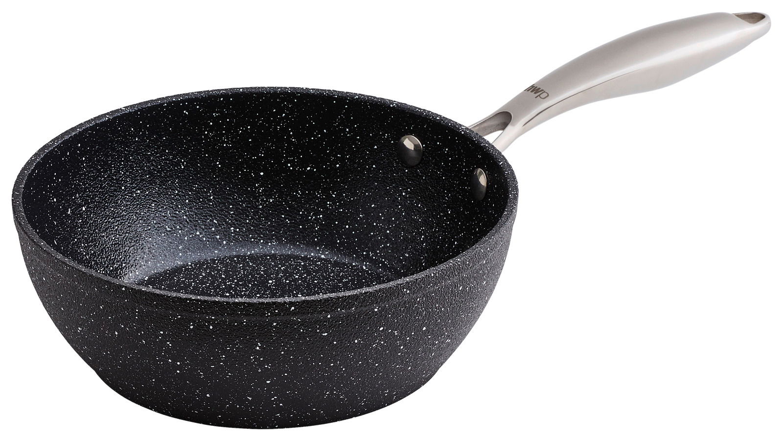 Homeware Wokpfanne 20cm Schwarze Wokpfanne mit 20 cm Durchmesser, seitliche Perspektive, mit silbernem Griff.