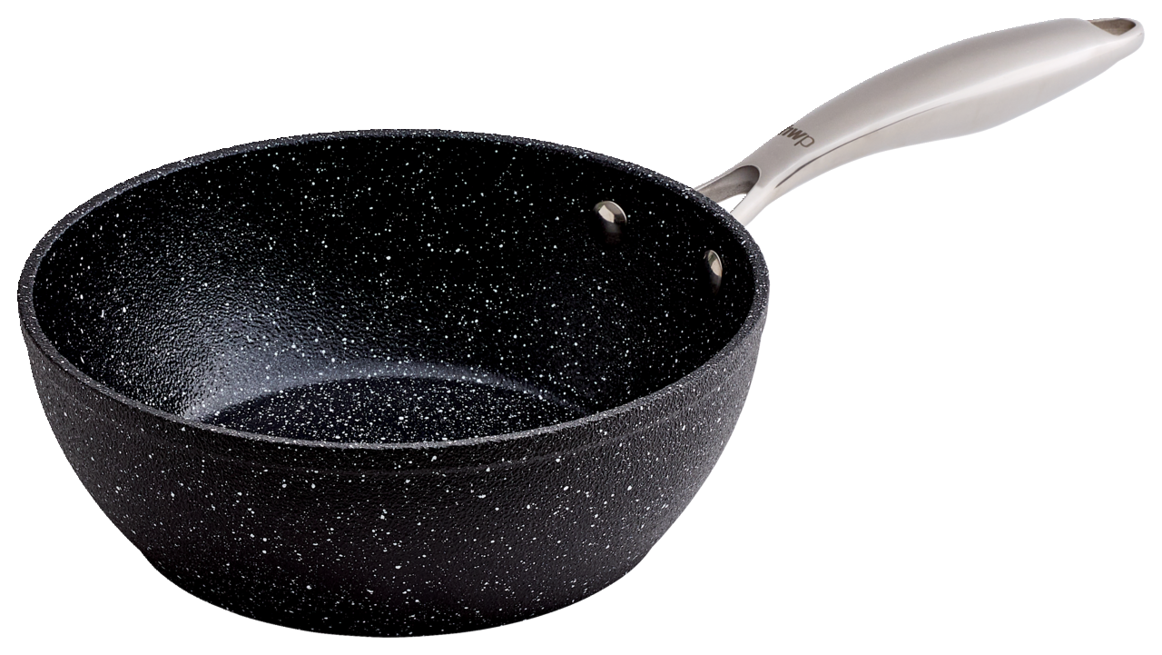 Homeware Wokpfanne Ø20cm Schwarze Wokpfanne mit 20 cm Durchmesser, seitliche Perspektive, mit silbernem Griff.