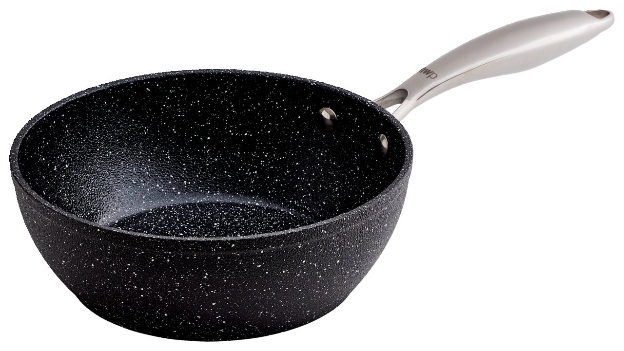 Homeware Wokpfanne Ø20cm Schwarze Wokpfanne mit 20 cm Durchmesser, seitliche Perspektive, mit silbernem Griff.