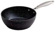 Schwarze Wokpfanne mit 20 cm Durchmesser, seitliche Perspektive, mit silbernem Griff.