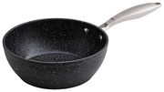 Schwarze Wokpfanne mit 20 cm Durchmesser, seitliche Perspektive, mit silbernem Griff.