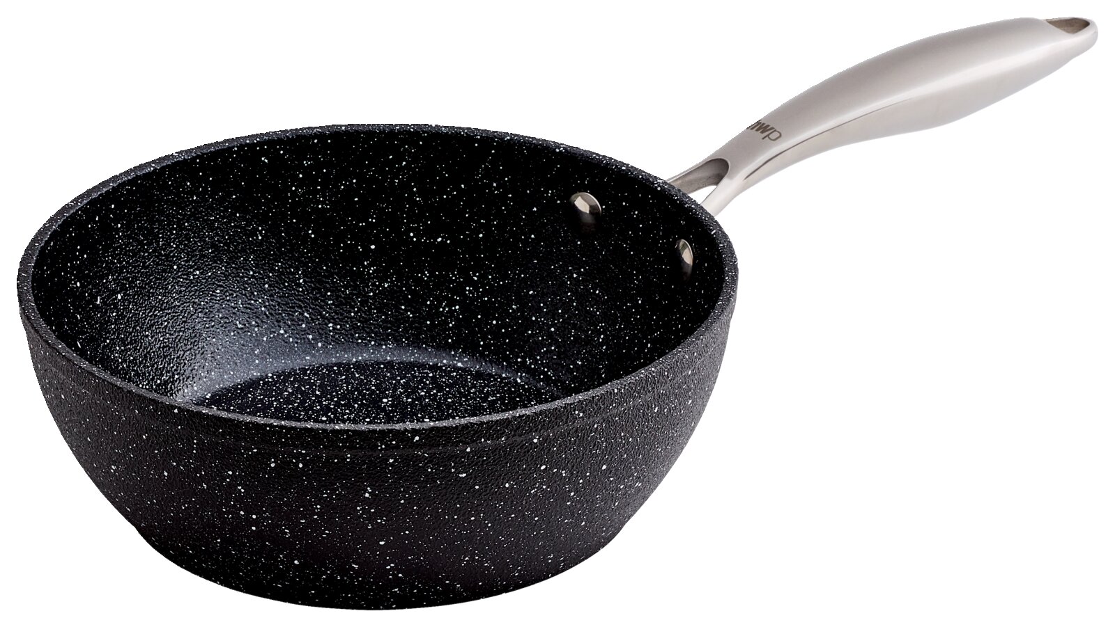 Homeware Wokpan Ø20 cm Zwarte wokpan met een diameter van 20 cm, gezien vanaf de zijkant, met een zilveren handvat.