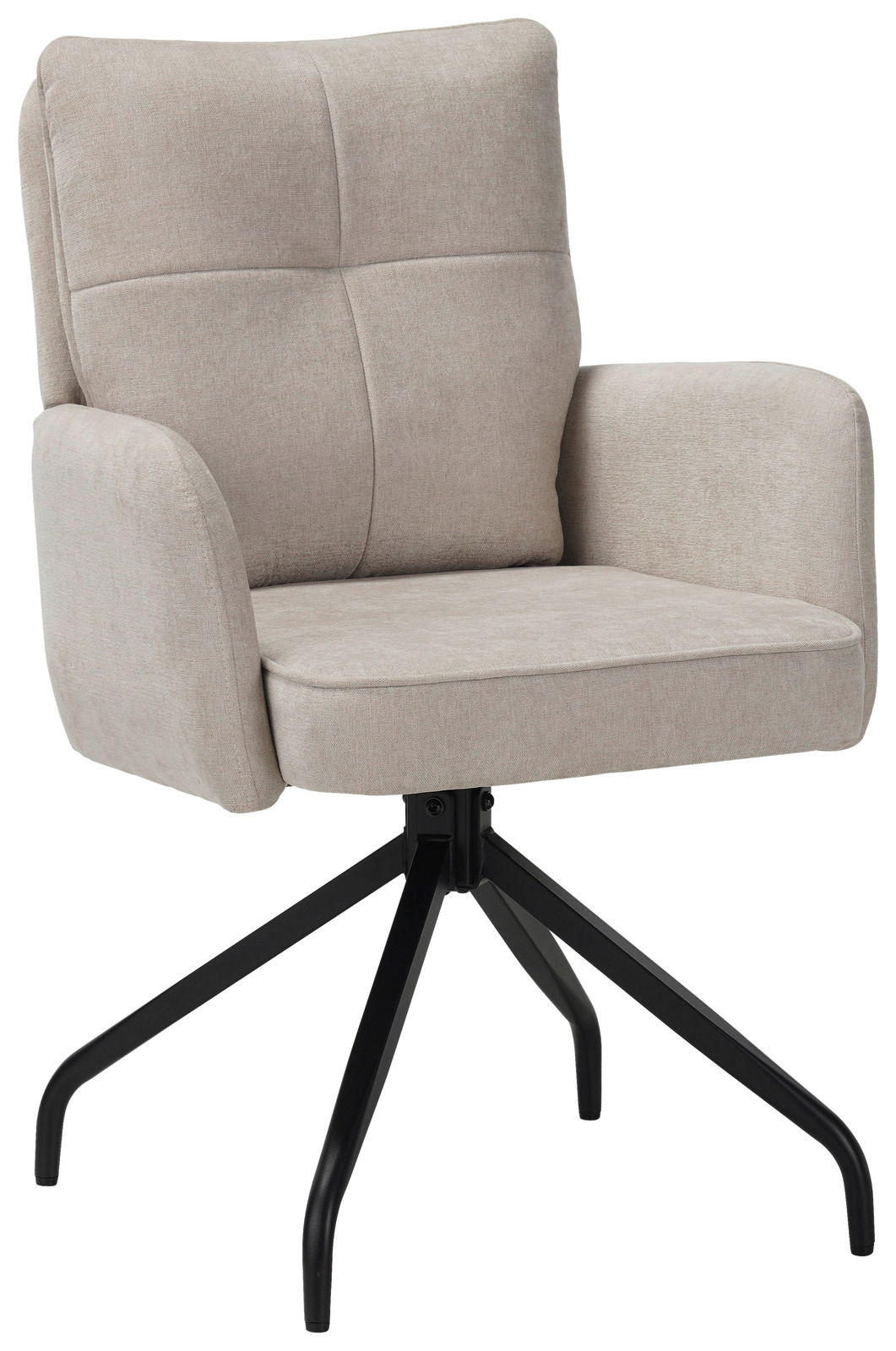 Beiger Schwingstuhl mit gepolsterter Rückenlehne und Armlehnen, auf schwarzem Metallgestell, seitliche Perspektive