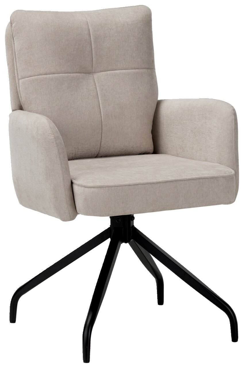 Beiger Schwingstuhl mit gepolsterter Rückenlehne und Armlehnen, auf schwarzem Metallgestell, seitliche Perspektive