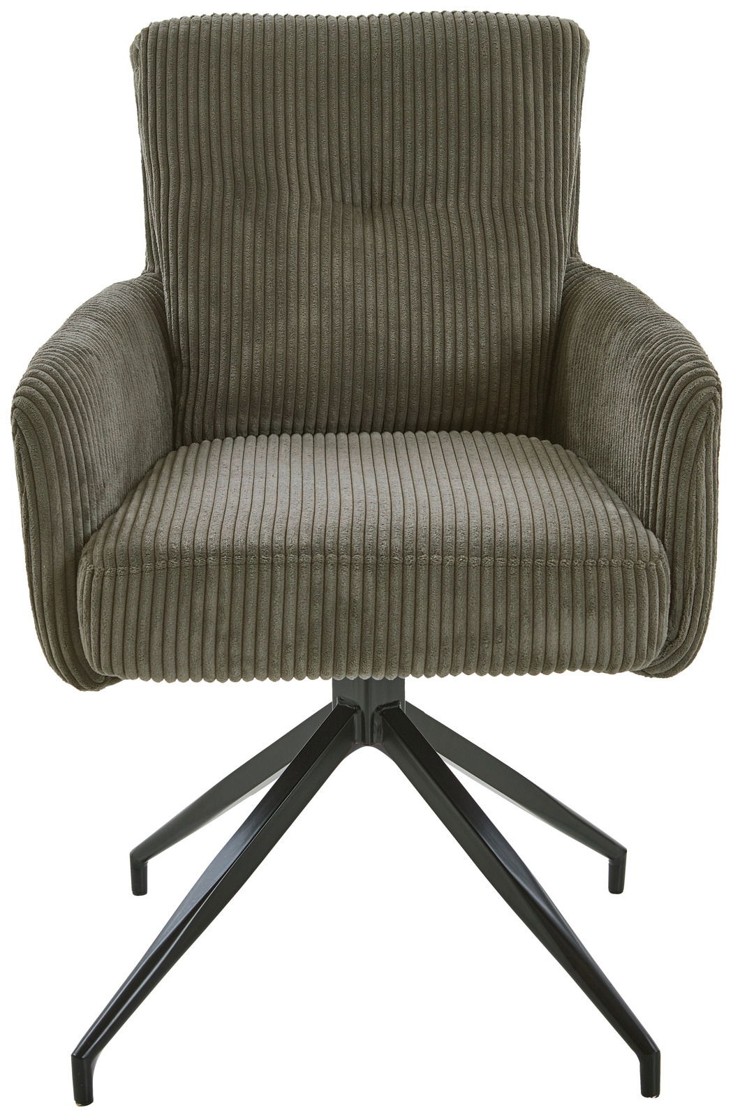 Frontansicht eines modernen Armlehnstuhls mit geripptem Stoffbezug und schwarzem Metallgestell.