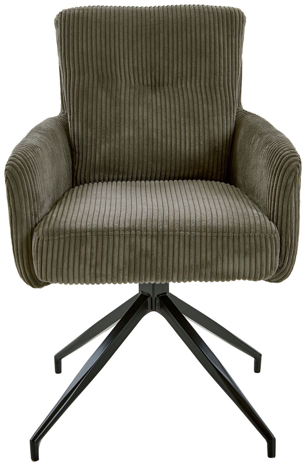 Frontansicht eines modernen Armlehnstuhls mit geripptem Stoffbezug und schwarzem Metallgestell.