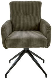 Frontansicht eines modernen Armlehnstuhls mit geripptem Stoffbezug und schwarzem Metallgestell.