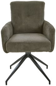 Frontansicht eines modernen Armlehnstuhls mit geripptem Stoffbezug und schwarzem Metallgestell.
