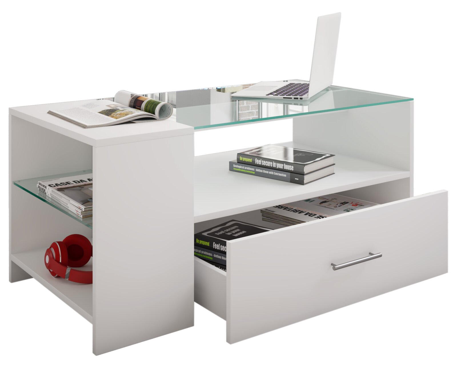 Weißer moderner Couchtisch mit Glasplatte, seitlichen Regalfächern und ausziehbarer Schublade, darauf Laptop und Bücher; Perspektive: schräg von vorne rechts (3/4-Ansicht).