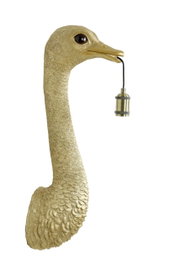 Goldene Wandleuchte in Form eines Straußenkopfes mit einer Fassung im Schnabel, seitliche Perspektive
