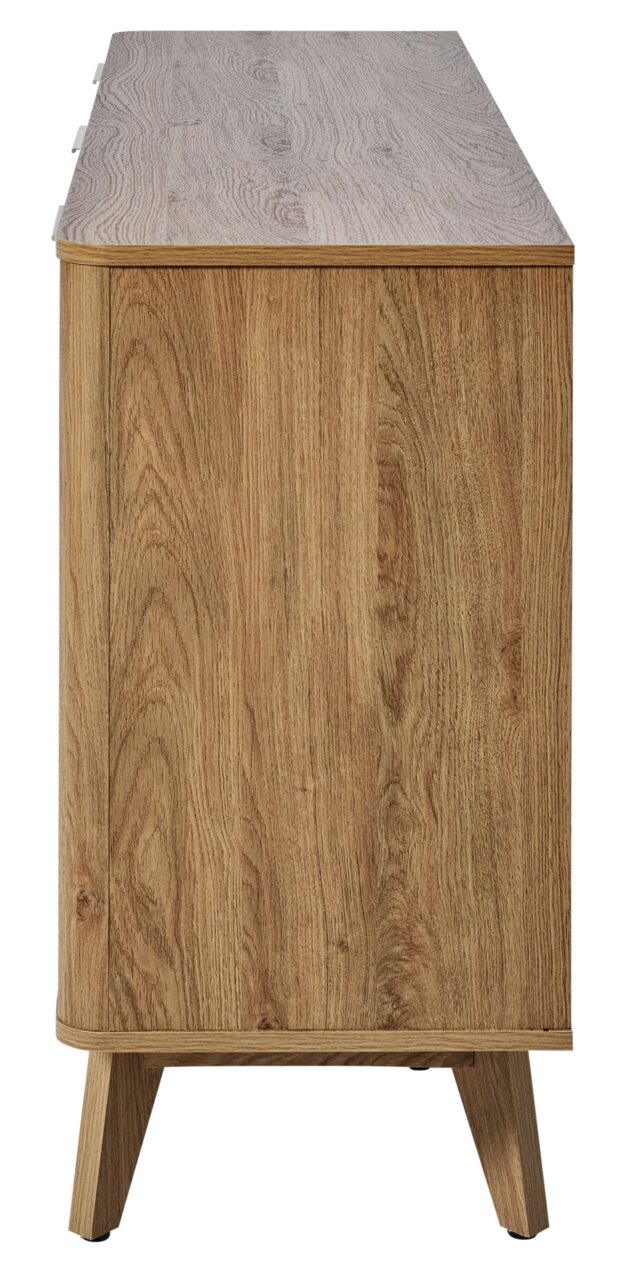 Seitenansicht eines Sideboards aus Holz mit natürlicher Maserung und schrägen Beinen.