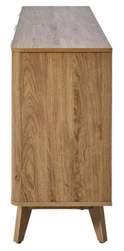 Seitenansicht eines Sideboards aus Holz mit natürlicher Maserung und schrägen Beinen.