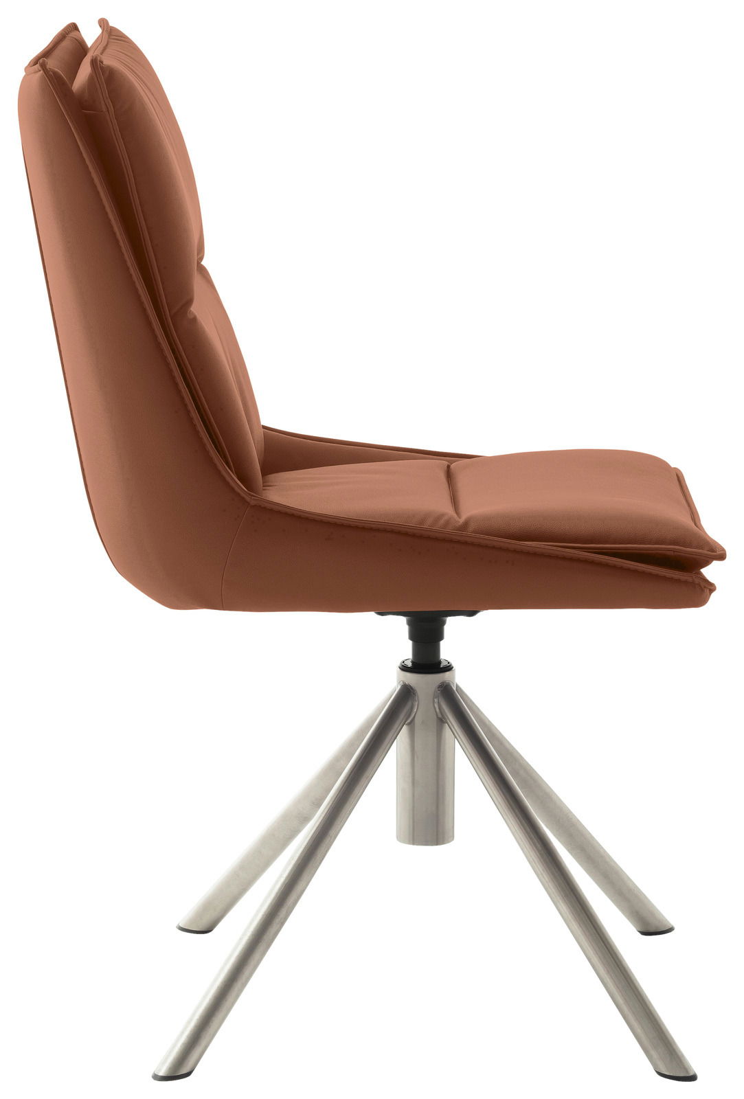 Moderner Stuhl in Seitenansicht mit braunem Polster und Metallbeinen.