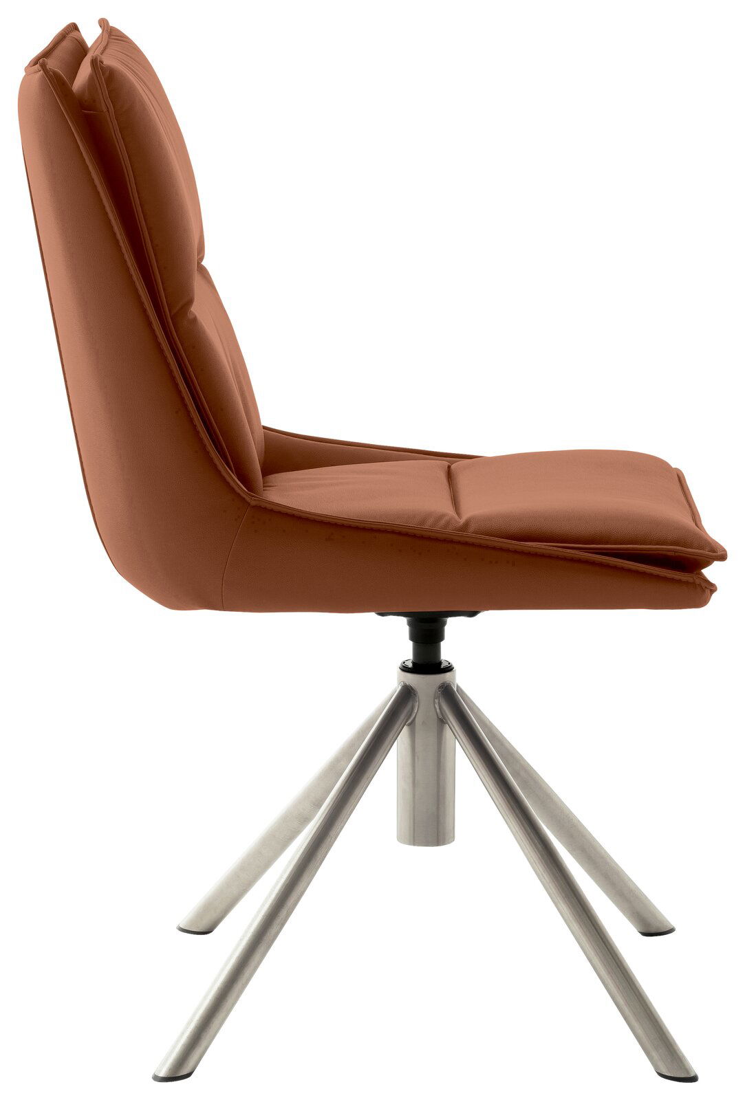 Moderner Stuhl in Seitenansicht mit braunem Polster und Metallbeinen.