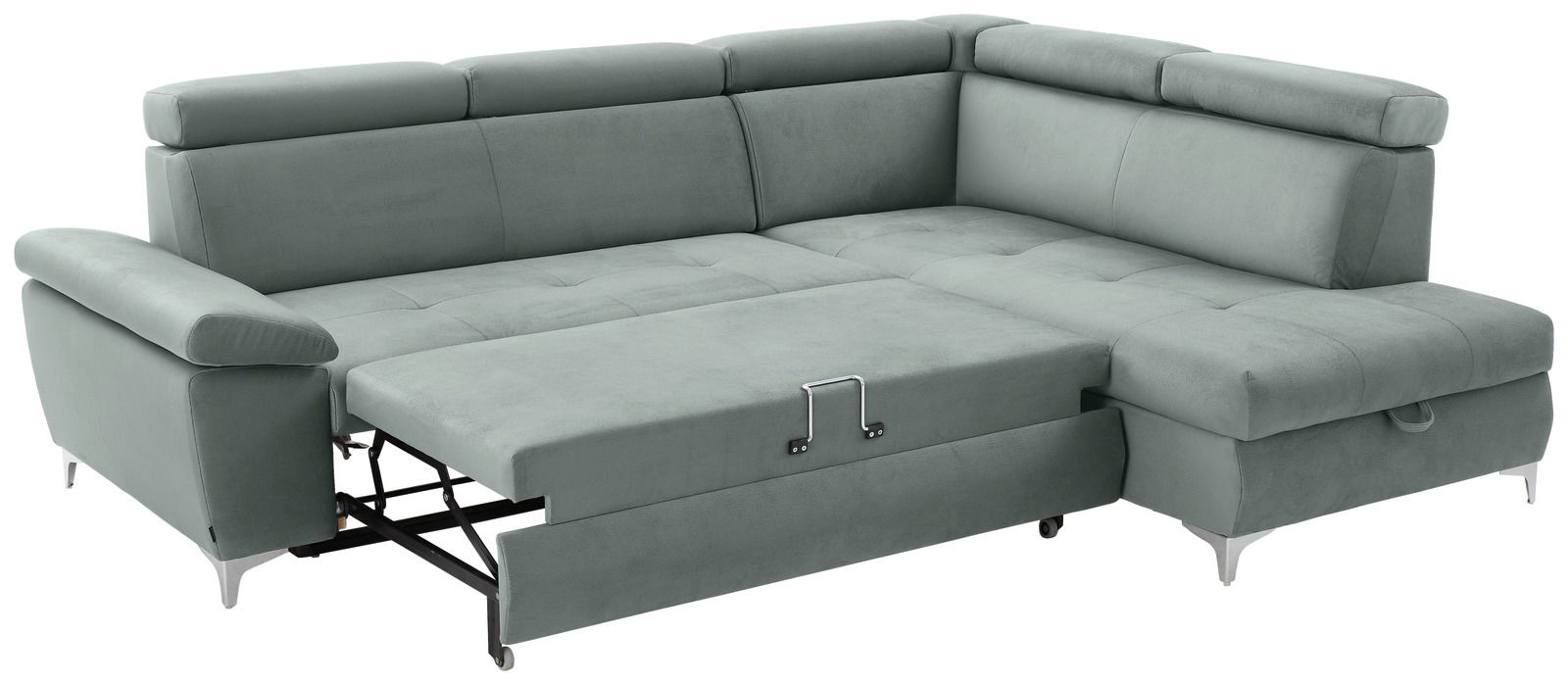 Rundecke Sofa in hellgrünem Stoff, ausgezogen als Schlafsofa, Perspektive von vorne links