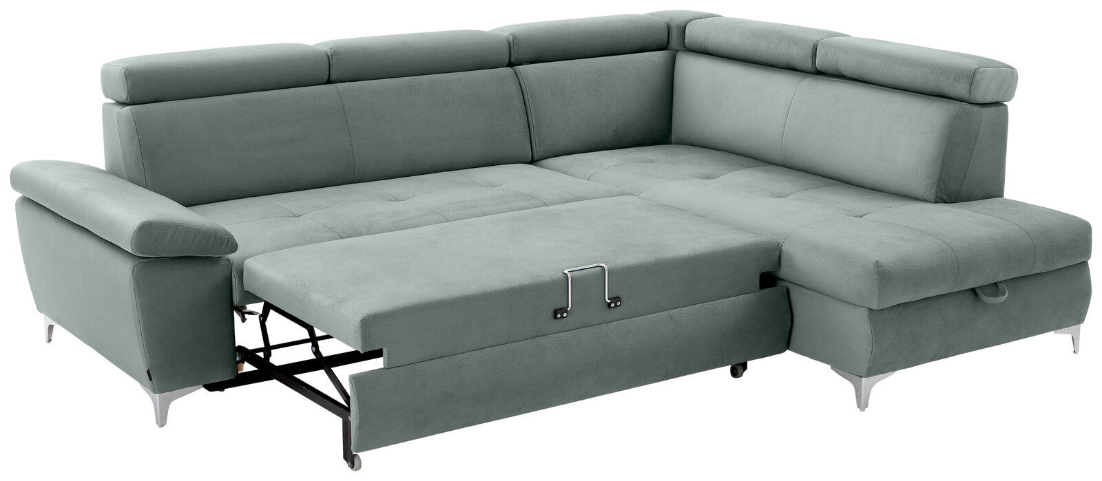 Rundecke Sofa in hellgrünem Stoff, ausgezogen als Schlafsofa, Perspektive von vorne links