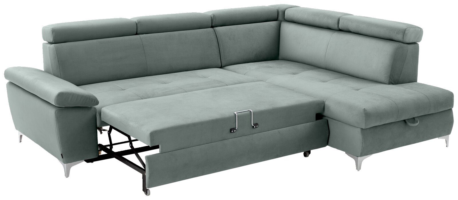 Rundecke Sofa in hellgrünem Stoff, ausgezogen als Schlafsofa, Perspektive von vorne links