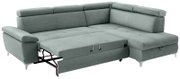 Rundecke Sofa in hellgrünem Stoff, ausgezogen als Schlafsofa, Perspektive von vorne links