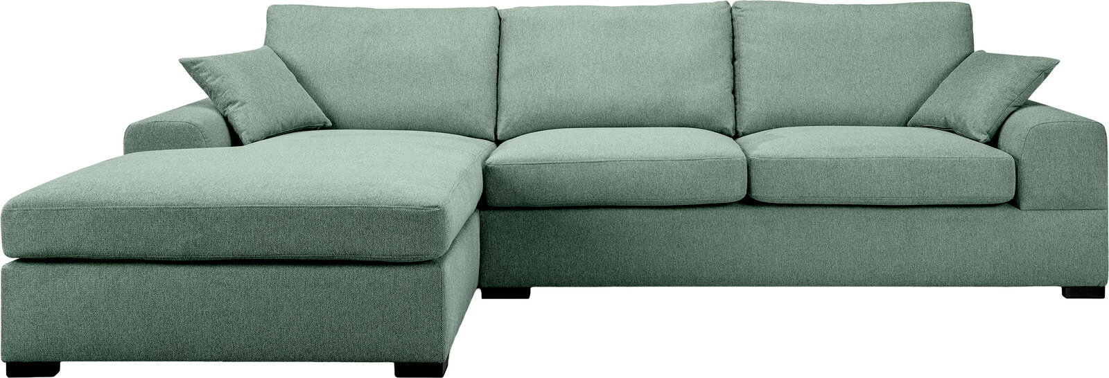 Grünes Stoff-Ecksofa mit linker Ottomane/Longchair, drei Sitzkissen und zwei Zierkissen, Frontansicht leicht von oben