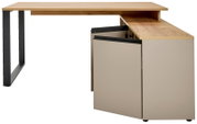 Moderner Winkelschreibtisch aus Holz mit Metallbeinen, seitliche Perspektive