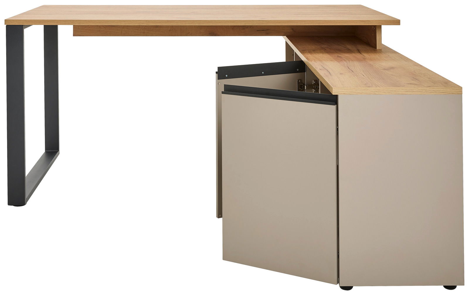 Moderner Winkelschreibtisch aus Holz mit Metallbeinen, seitliche Perspektive