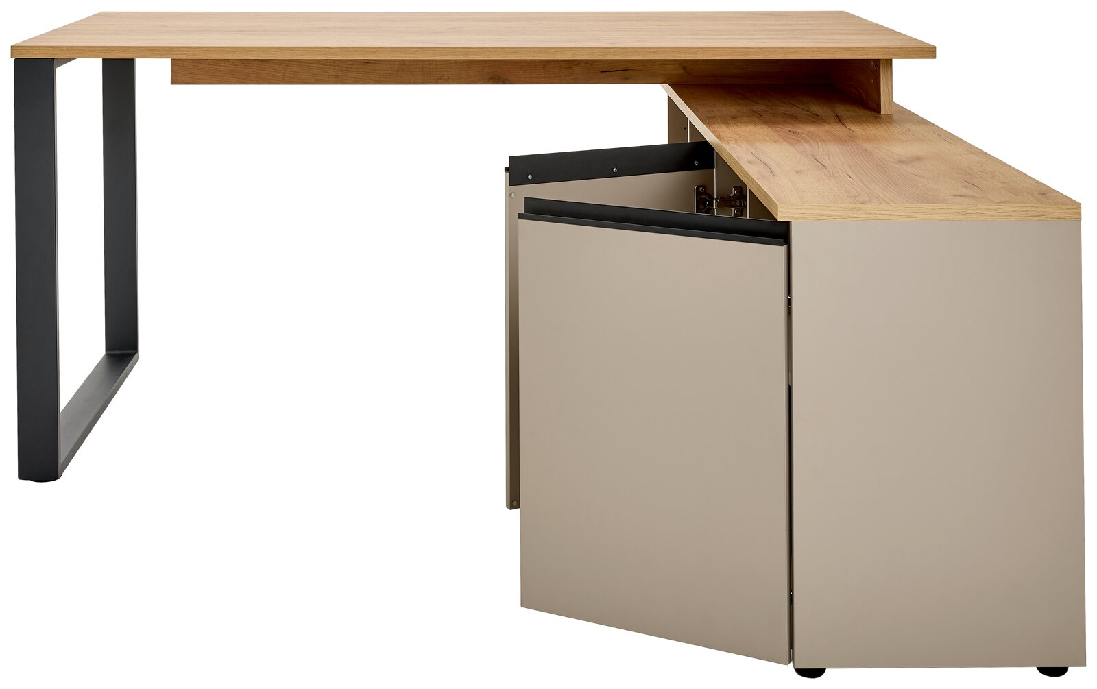 Moderner Winkelschreibtisch aus Holz mit Metallbeinen, seitliche Perspektive