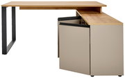 Moderner Winkelschreibtisch aus Holz mit Metallbeinen, seitliche Perspektive