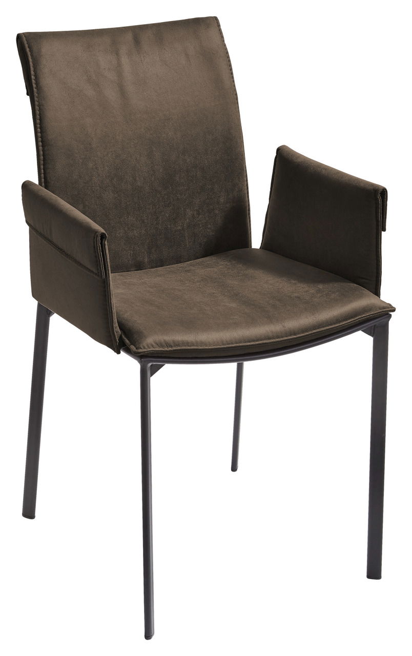 Moderner brauner Sessel mit Armlehnen, seitliche Perspektive