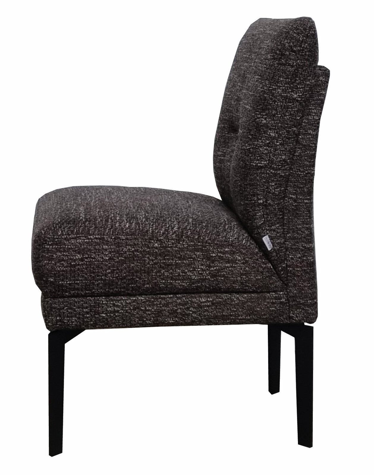Seitenansicht eines modernen, gepolsterten Stuhls mit dunklem Stoffbezug und schwarzen Metallbeinen.
